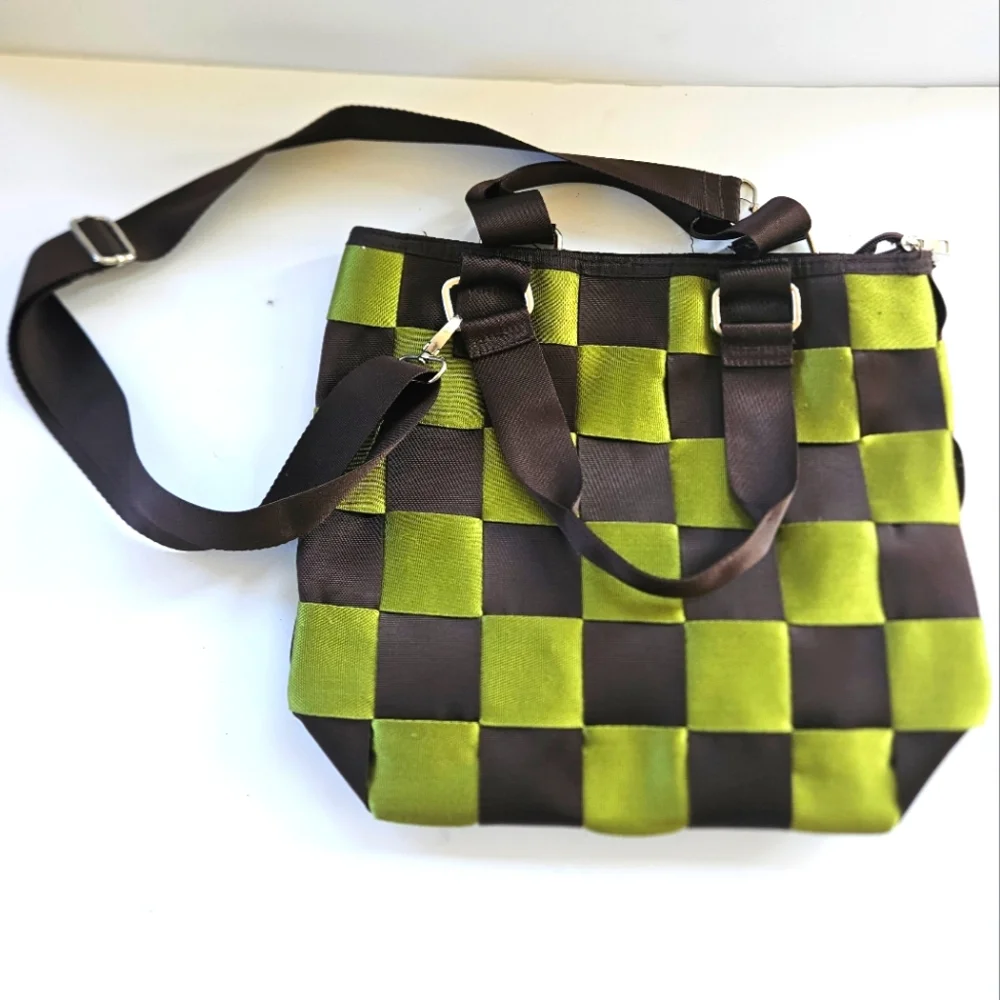 Nylon Brown and Green Basket Weave Shoulder Bag Heavy Duty - Picture 2 of 9